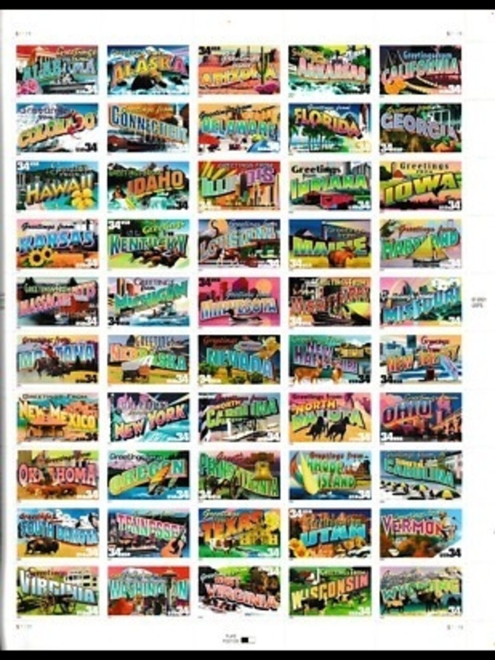 Greetings from America, Full Sheet of 50 37-cent State Stamps, USA 2002